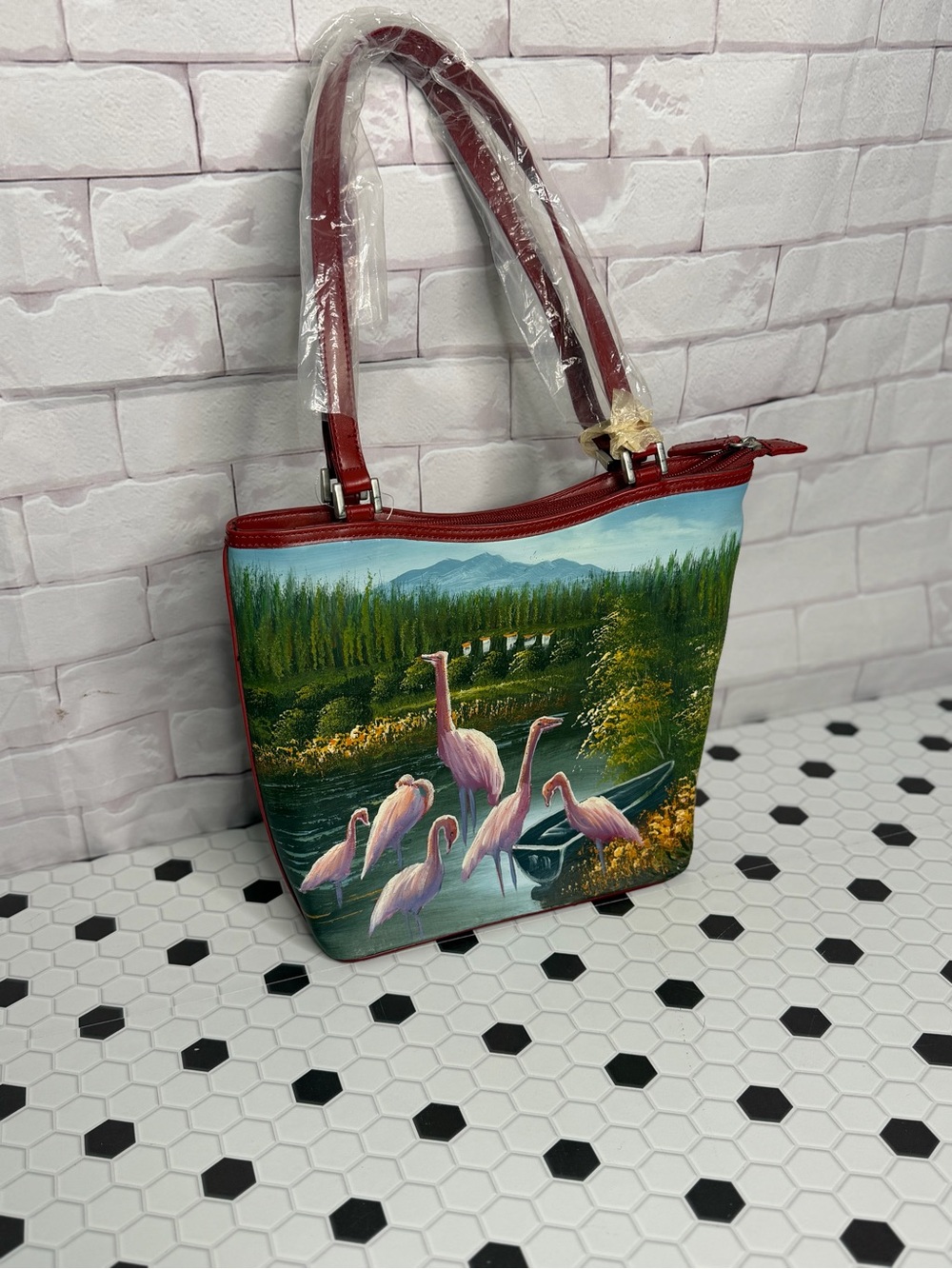 NWOT‎ Pink Flamingo Print Tote Bag with Red Trim